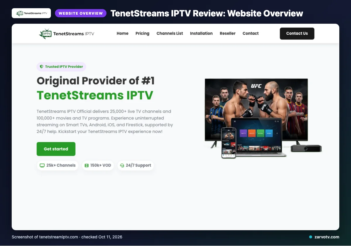 TenetStreams IPTV homepage