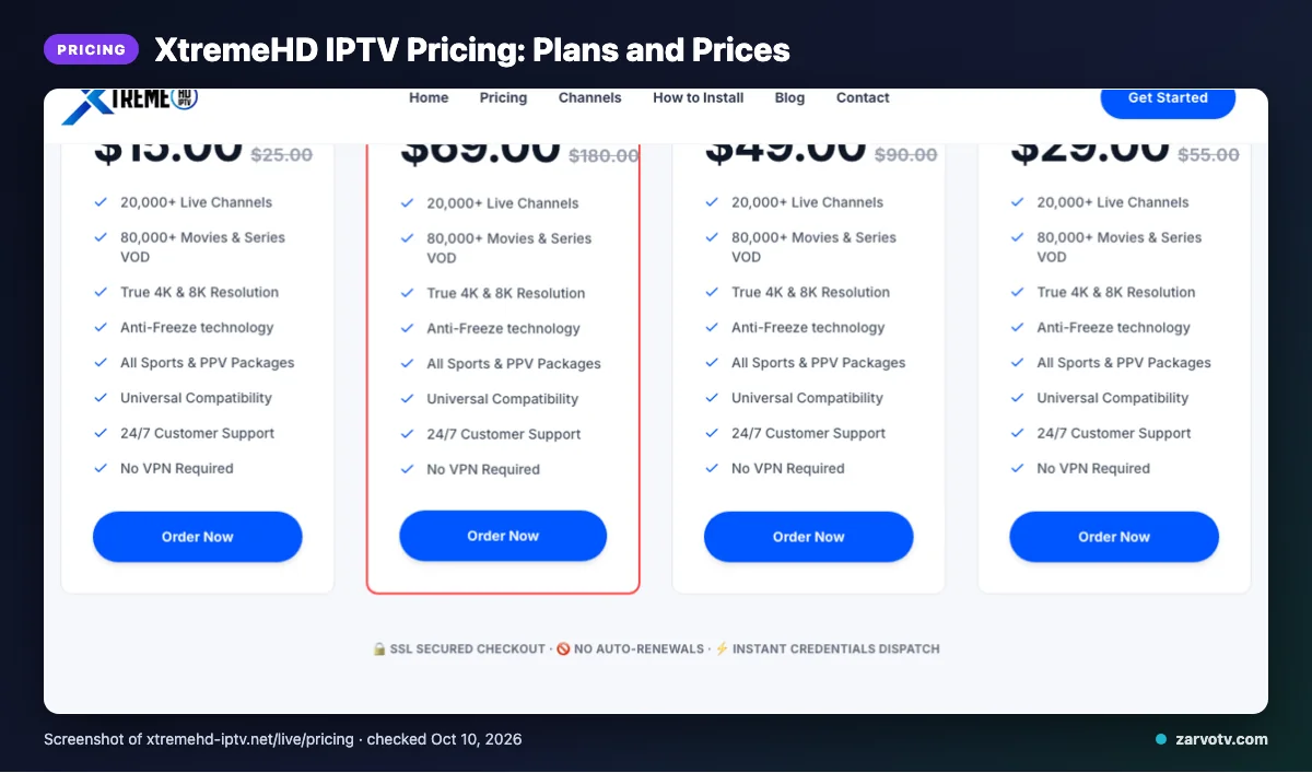 XtremeHD IPTV pricing page listing 24 full months plans