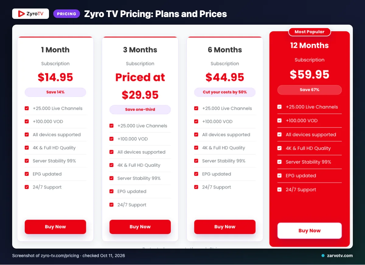 Zyro TV pricing page listing 1 month, 3 months, 6 months, 12 months plans